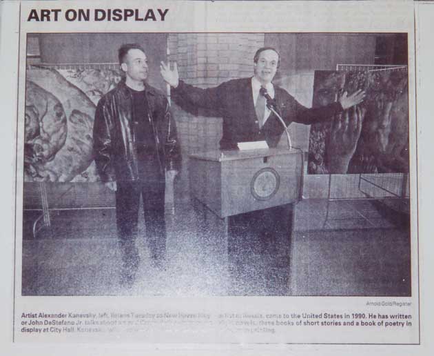 Alexander Kanevsky with John De Stefano, the Mayor of New Haven, upon the opening reception of the historic exhibition of Kanevsky’s art in new Haven City Hall in January 2001