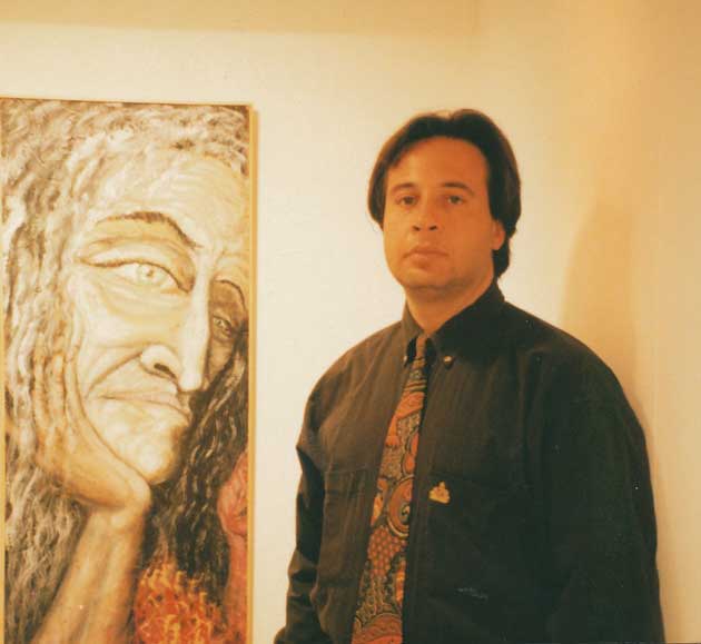 Alexander Kanevsky in September of 1996 in Barcelona with the International debut of his paintings, in front of “Cybelle”
